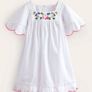 Mini Boden White Cotton Embroidered Dress
